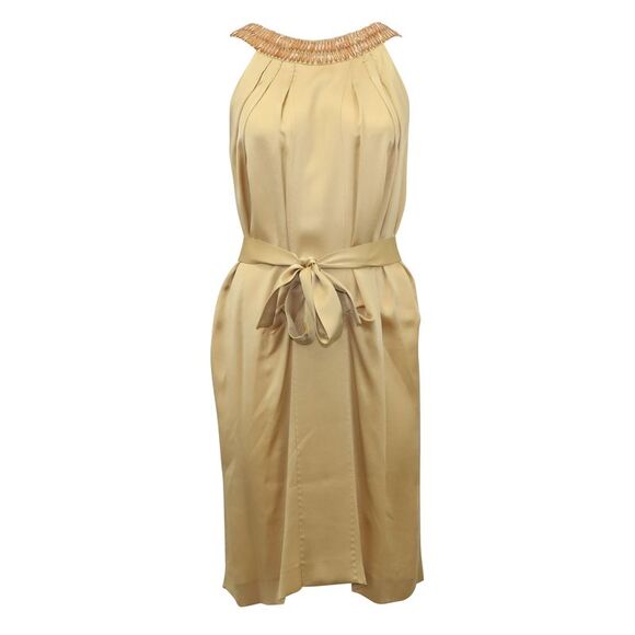 Alberta Ferretti Dresses & Skirts - Alberta Ferretti Embellished Neck Detail Belted Dress in Beige Silk